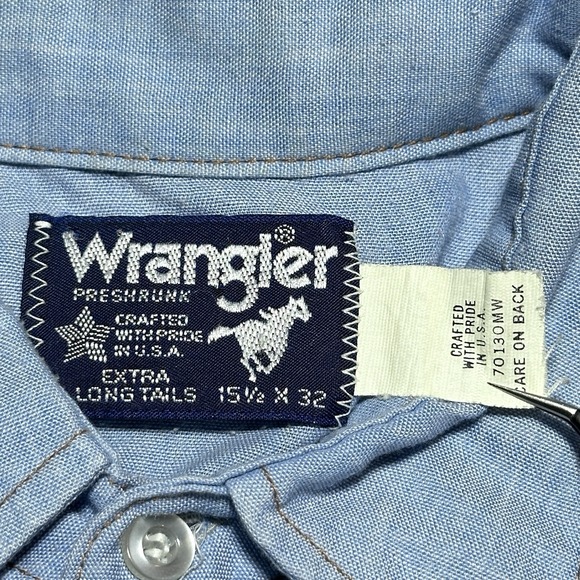 Vintage 80s Wrangler Pearl Snap Shirt Mens 15.5-32 Chambray Western Flap Pocket - Picture 4 of 11